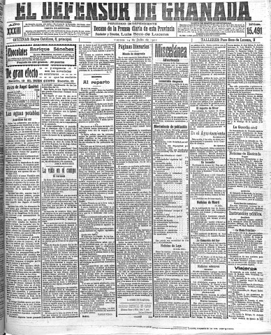 'El Defensor de Granada  : diario político independiente' - Año XXXIII Número 15491  - 1911 Julio 14