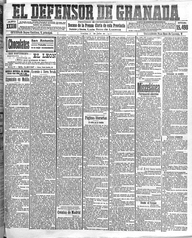 'El Defensor de Granada  : diario político independiente' - Año XXXIII Número 15498  - 1911 Julio 21