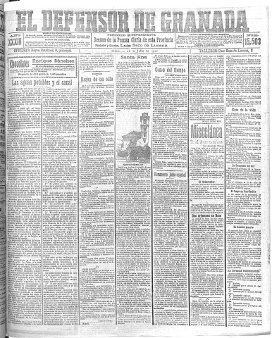 'El Defensor de Granada  : diario político independiente' - Año XXXIII Número 15503  - 1911 Julio 26