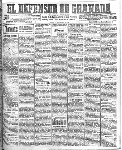 'El Defensor de Granada  : diario político independiente' - Año XXXIII Número 15508  - 1911 Agosto 01