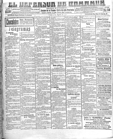 'El Defensor de Granada  : diario político independiente' - Año XXXIII Número 15514  - 1911 Agosto 07
