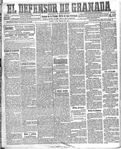 'El Defensor de Granada  : diario político independiente' - Año XXXIII Número 15517  - 1911 Agosto 10