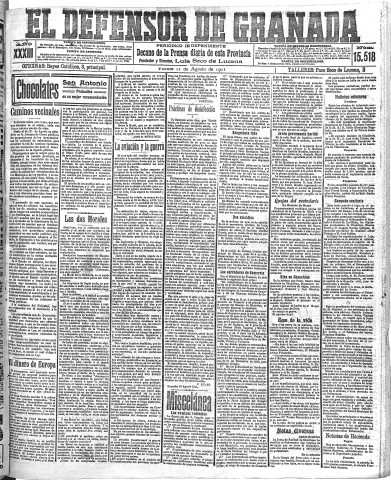 'El Defensor de Granada  : diario político independiente' - Año XXXIII Número 15518  - 1911 Agosto 11