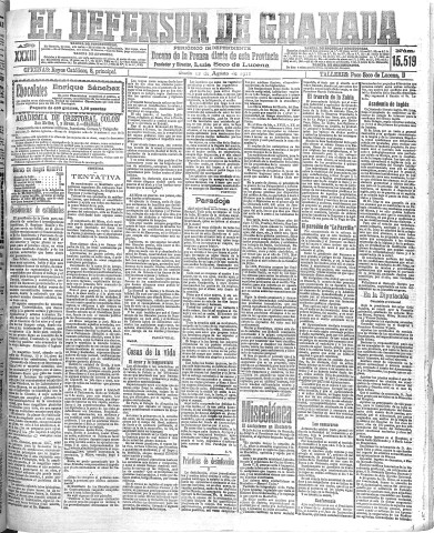 'El Defensor de Granada  : diario político independiente' - Año XXXIII Número 15519  - 1911 Agosto 12