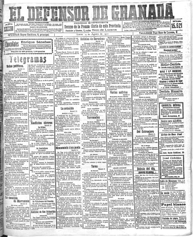 'El Defensor de Granada  : diario político independiente' - Año XXXIII Número 15521  - 1911 Agosto 14
