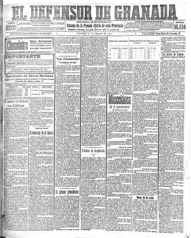 'El Defensor de Granada  : diario político independiente' - Año XXXIII Número 15534  - 1911 Agosto 27