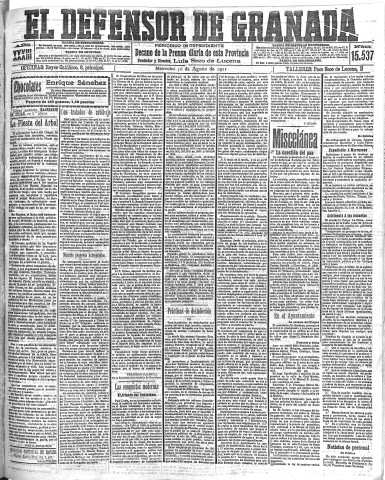 'El Defensor de Granada  : diario político independiente' - Año XXXIII Número 15537  - 1911 Agosto 30