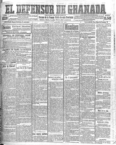 'El Defensor de Granada  : diario político independiente' - Año XXXIII Número 15540  - 1911 Septiembre 02