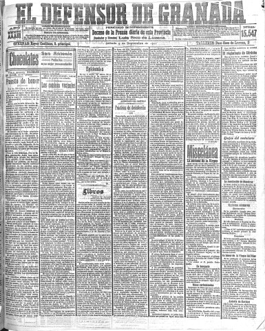 'El Defensor de Granada  : diario político independiente' - Año XXXIII Número 15547  - 1911 Septiembre 09