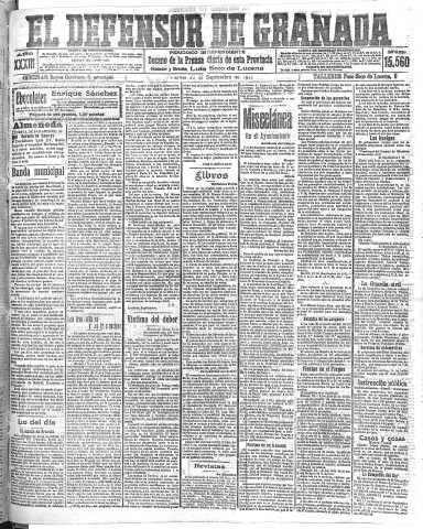 'El Defensor de Granada  : diario político independiente' - Año XXXIII Número 15560  - 1911 Septiembre 22