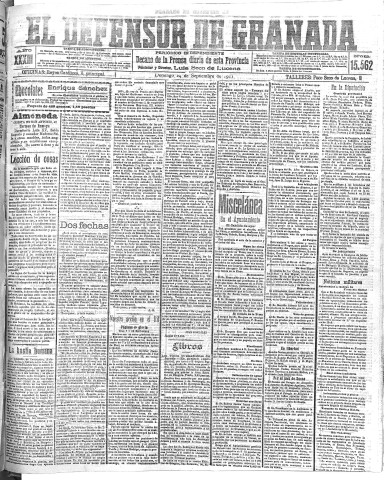 'El Defensor de Granada  : diario político independiente' - Año XXXIII Número 15562  - 1911 Septiembre 24