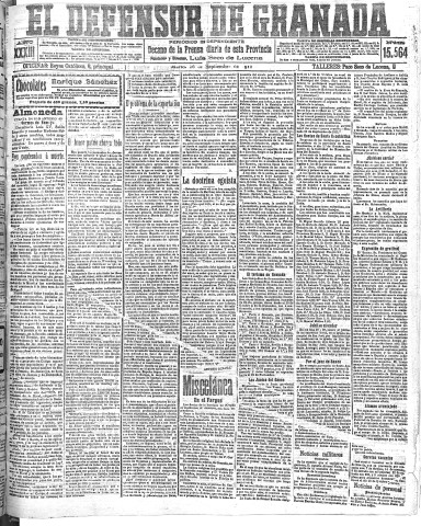 'El Defensor de Granada  : diario político independiente' - Año XXXIII Número 15564  - 1911 Septiembre 26