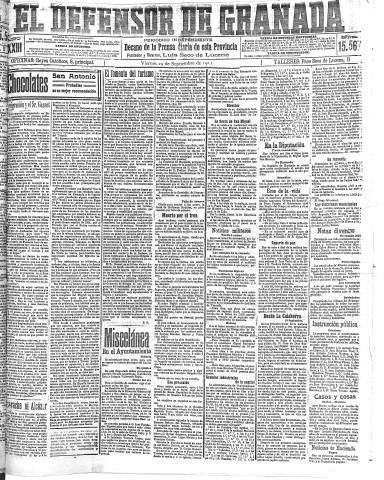 'El Defensor de Granada  : diario político independiente' - Año XXXIII Número 15567  - 1911 Septiembre 29