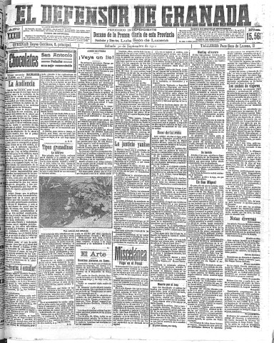 'El Defensor de Granada  : diario político independiente' - Año XXXIII Número 15568  - 1911 Septiembre 30