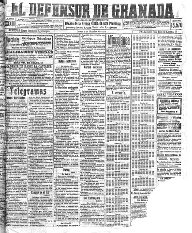 'El Defensor de Granada  : diario político independiente' - Año XXXIII Número 15570  - 1911 Octubre 02