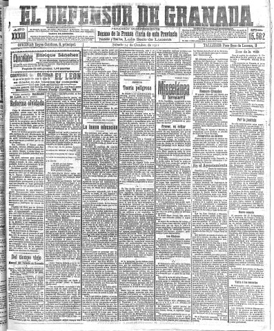 'El Defensor de Granada  : diario político independiente' - Año XXXIII Número 15582  - 1911 Octubre 14