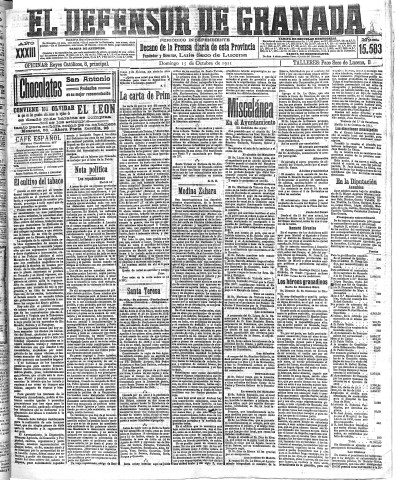'El Defensor de Granada  : diario político independiente' - Año XXXIII Número 15583  - 1911 Octubre 15