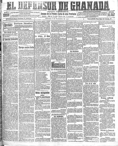'El Defensor de Granada  : diario político independiente' - Año XXXIII Número 15607  - 1911 Noviembre 08
