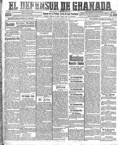'El Defensor de Granada  : diario político independiente' - Año XXXIII Número 15609  - 1911 Noviembre 10