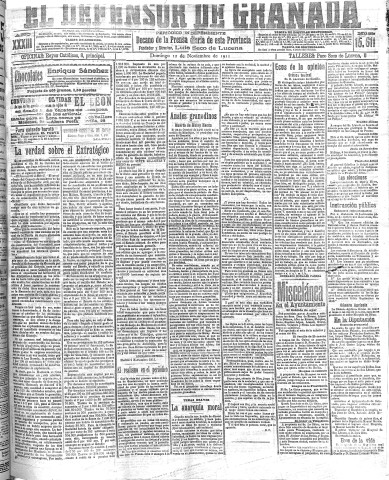 'El Defensor de Granada  : diario político independiente' - Año XXXIII Número 15611  - 1911 Noviembre 12