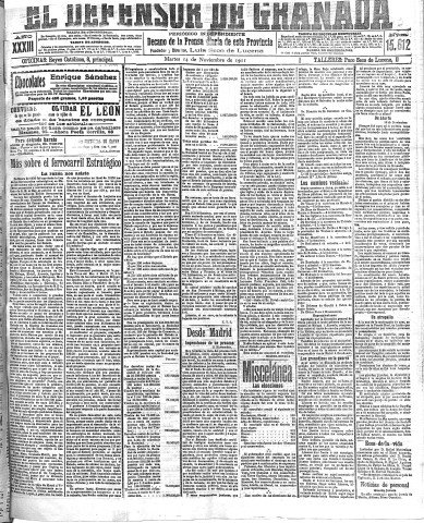 'El Defensor de Granada  : diario político independiente' - Año XXXIII Número 15613  - 1911 Noviembre 14