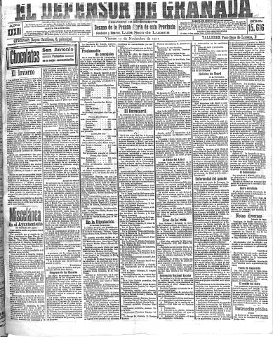 'El Defensor de Granada  : diario político independiente' - Año XXXIII Número 15616  - 1911 Noviembre 17