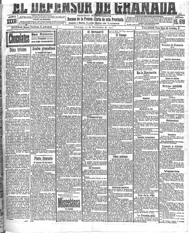 'El Defensor de Granada  : diario político independiente' - Año XXXIII Número 15618  - 1911 Noviembre 19