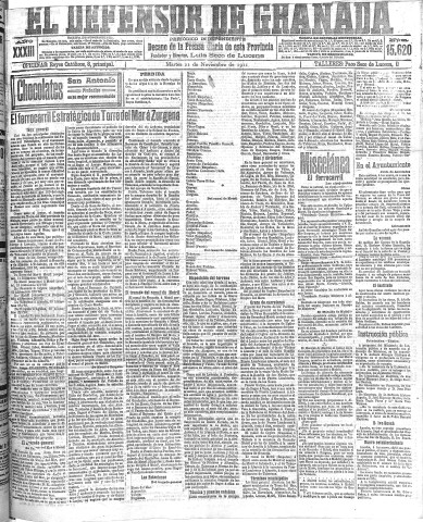 'El Defensor de Granada  : diario político independiente' - Año XXXIII Número 15620  - 1911 Noviembre 21
