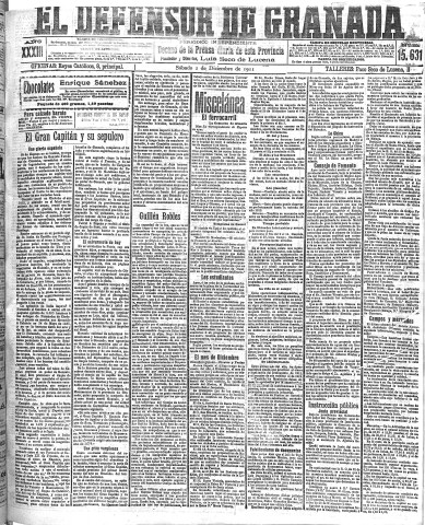 'El Defensor de Granada  : diario político independiente' - Año XXXIII Número 15631  - 1911 Diciembre 02