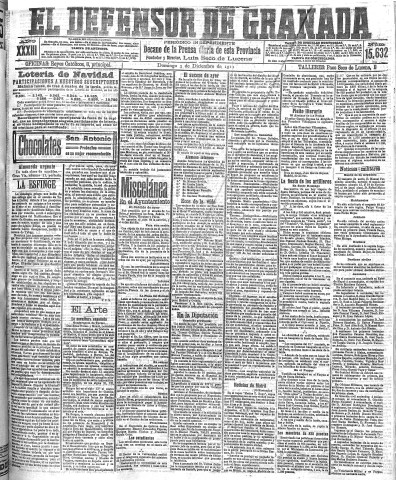 'El Defensor de Granada  : diario político independiente' - Año XXXIII Número 15632  - 1911 Diciembre 03