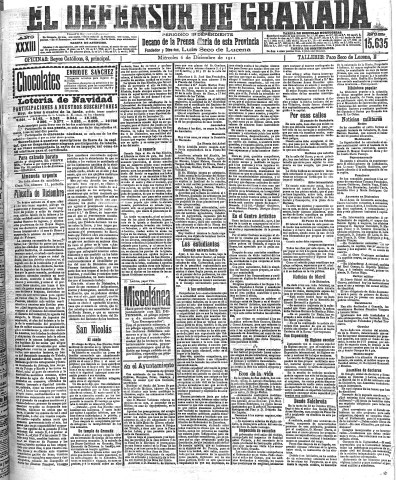 'El Defensor de Granada  : diario político independiente' - Año XXXIII Número 15635  - 1911 Diciembre 06