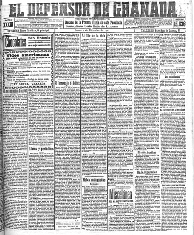 'El Defensor de Granada  : diario político independiente' - Año XXXIII Número 15636  - 1911 Diciembre 07