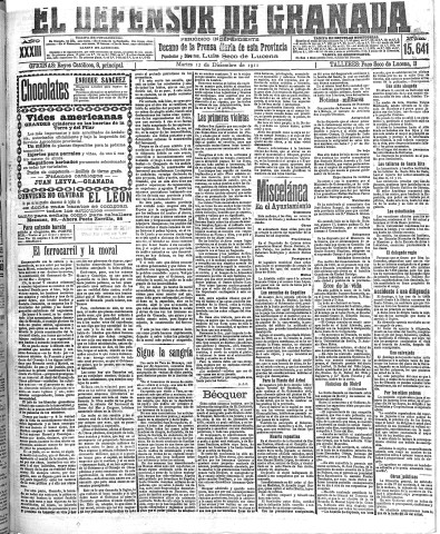'El Defensor de Granada  : diario político independiente' - Año XXXIII Número 15641  - 1911 Diciembre 12