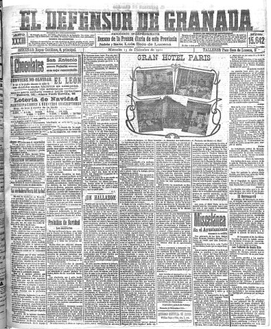'El Defensor de Granada  : diario político independiente' - Año XXXIII Número 15642  - 1911 Diciembre 13