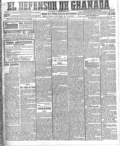 'El Defensor de Granada  : diario político independiente' - Año XXXIII Número 15645  - 1911 Diciembre 15