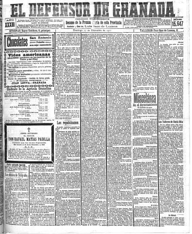 'El Defensor de Granada  : diario político independiente' - Año XXXIII Número 15647  - 1911 Diciembre 17