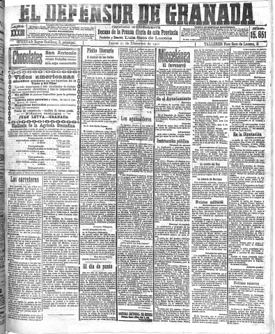 'El Defensor de Granada  : diario político independiente' - Año XXXIII Número 15651  - 1911 Diciembre 21