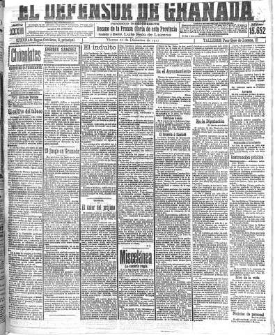 'El Defensor de Granada  : diario político independiente' - Año XXXIII Número 15652  - 1911 Diciembre 22