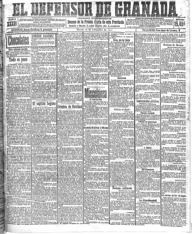 'El Defensor de Granada  : diario político independiente' - Año XXXIII Número 15655  - 1911 Diciembre 26