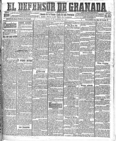 'El Defensor de Granada  : diario político independiente' - Año XXXIII Número 15657  - 1911 Diciembre 28