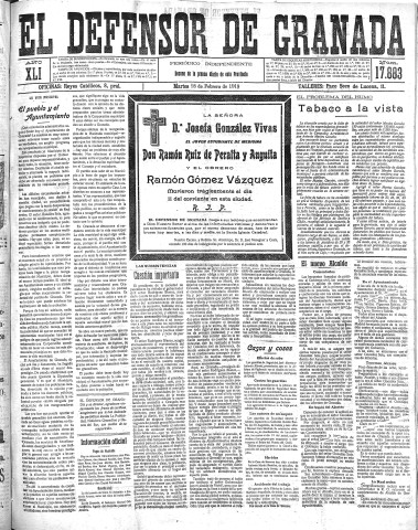 'El Defensor de Granada  : diario político independiente' - Año XLI Número 17883  - 1919 Febrero 18
