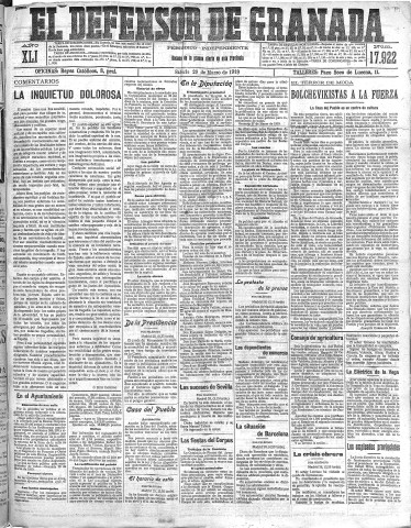 'El Defensor de Granada  : diario político independiente' - Año XLI Número 17922  - 1919 Marzo 29