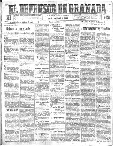 'El Defensor de Granada  : diario político independiente' - Año XLI Número 17928  - 1919 Abril 04