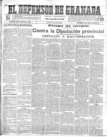 'El Defensor de Granada  : diario político independiente' - Año XLI Número 17929  - 1919 Abril 05