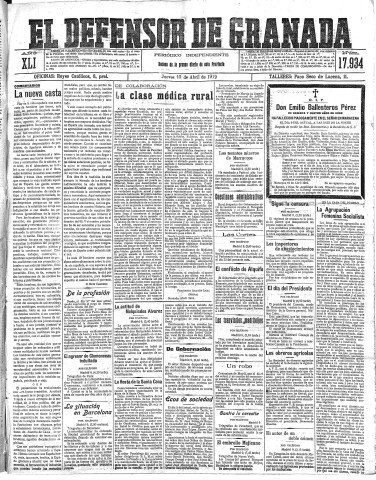 'El Defensor de Granada  : diario político independiente' - Año XLI Número 17934  - 1919 Abril 10