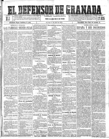 'El Defensor de Granada  : diario político independiente' - Año XLI Número 17935  - 1919 Abril 11