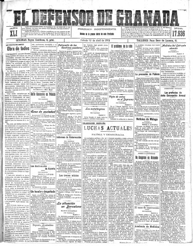 'El Defensor de Granada  : diario político independiente' - Año XLI Número 17936  - 1919 Abril 12