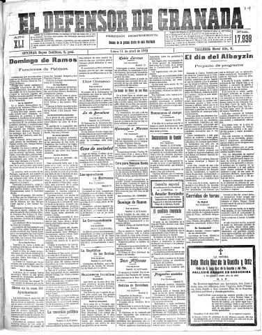 'El Defensor de Granada  : diario político independiente' - Año XLI Número 17938  - 1919 Abril 14