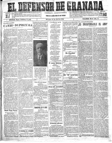'El Defensor de Granada  : diario político independiente' - Año XLI Número 17940  - 1919 Abril 16