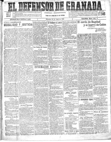 'El Defensor de Granada  : diario político independiente' - Año XLI Número 17946  - 1919 Abril 23